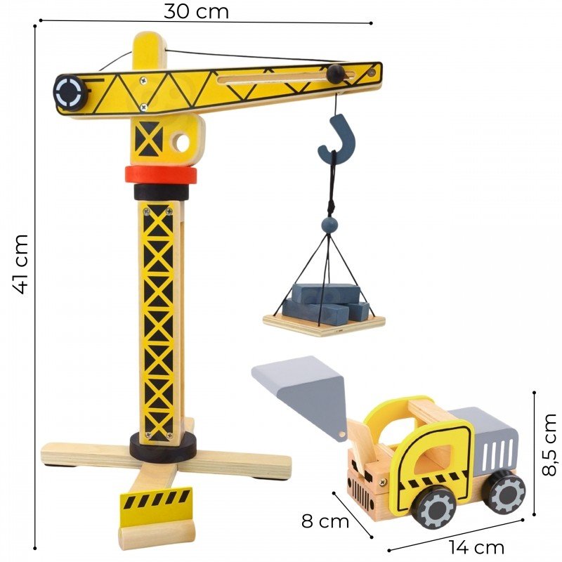 4. Dimensions of Woopie Green wooden crane and vehicle with measurements