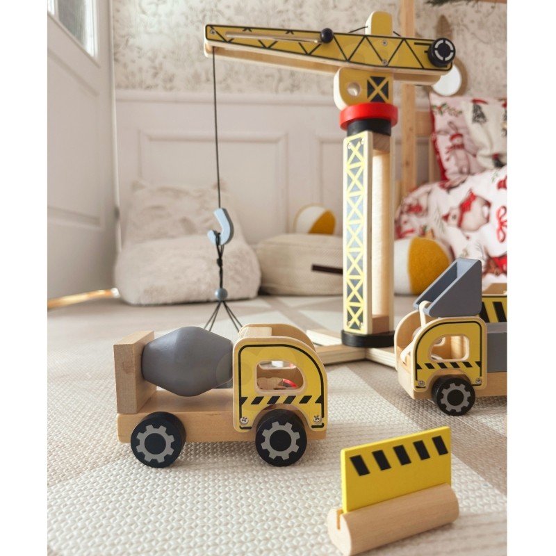 13. Woopie Green wooden construction vehicles and crane on a play mat