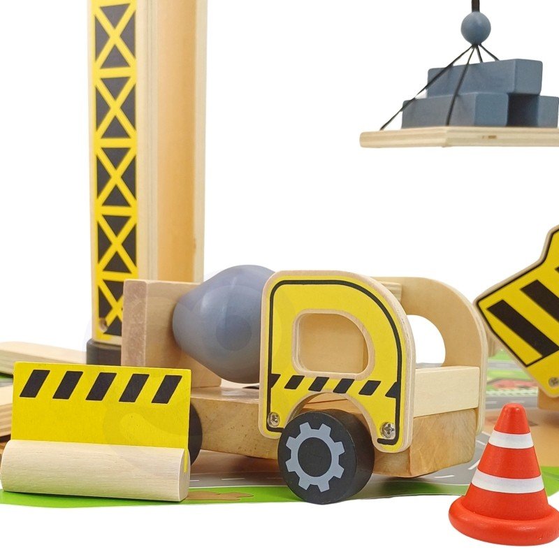 8. Close-up of Woopie Green wooden construction vehicle and accessories