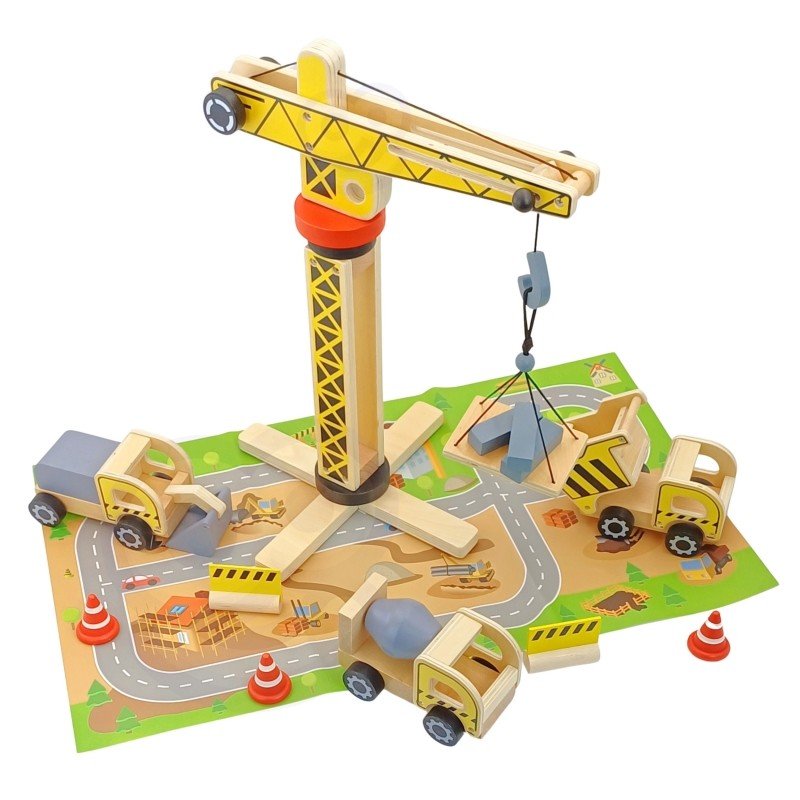 6. Top view of Woopie Green wooden construction set with crane and vehicles on play mat