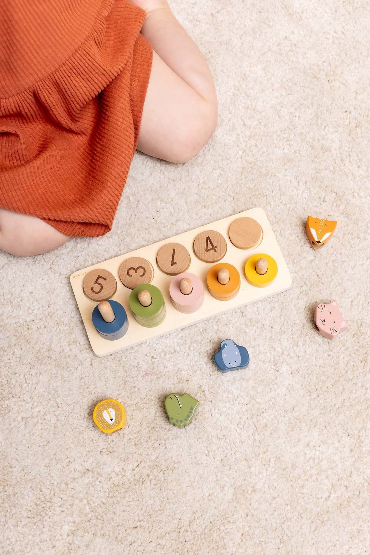 2. Child playing with wooden counting puzzle on carpet, showing animal figures and numbered coins