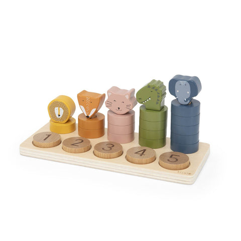 5. Wooden counting puzzle with colorful animal figures and numbered coins on a wooden base