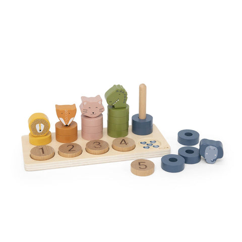 4. Wooden counting puzzle with animal figures and scattered coins on a wooden base