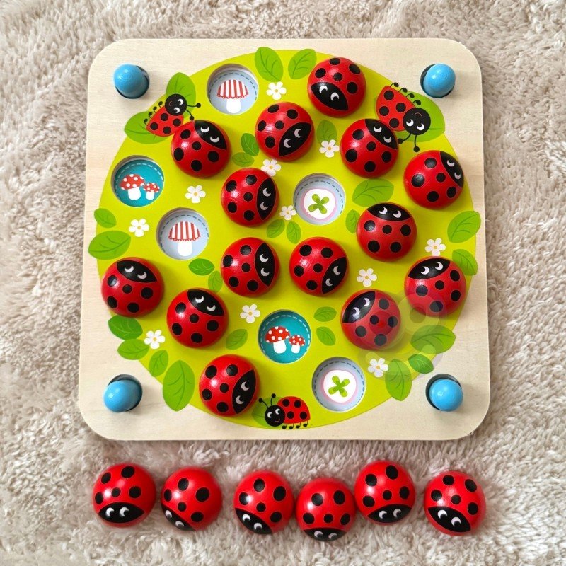 5. Woopie Let's Go Green ladybug memory puzzle with removable ladybug pieces on a green board