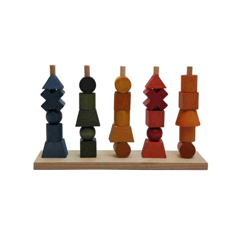 2. Colorful wooden fence puzzle blocks on a wooden base, featuring various shapes and natural wood colors