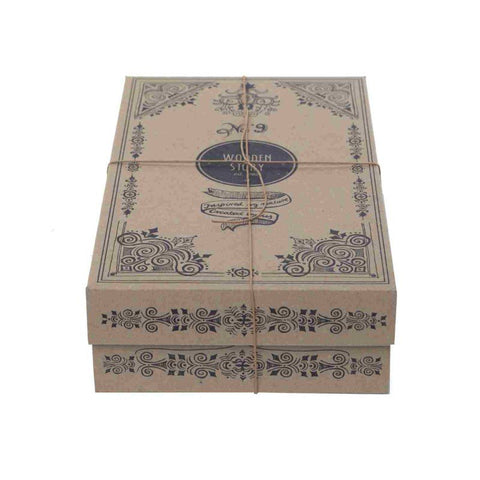 4. Cardboard packaging for Wooden Story puzzle, featuring decorative patterns and tied with string