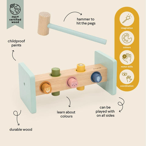 5. Size chart for Trixie Baby wooden hammer bench highlighting features and benefits