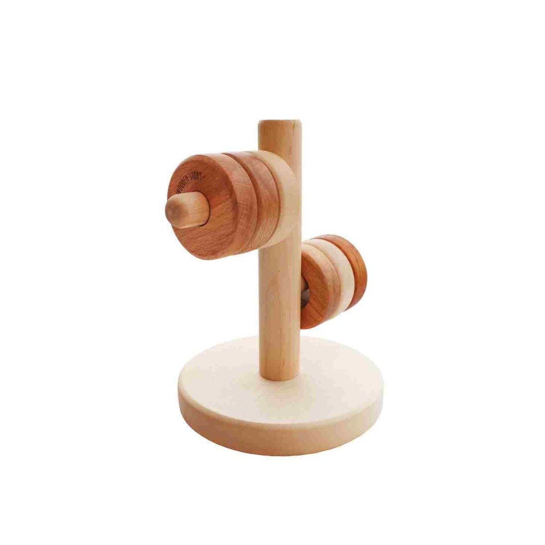 3. Side view of Wooden Story horizontal tower puzzle with smooth wooden disks, designed for children's motor development and precision skills