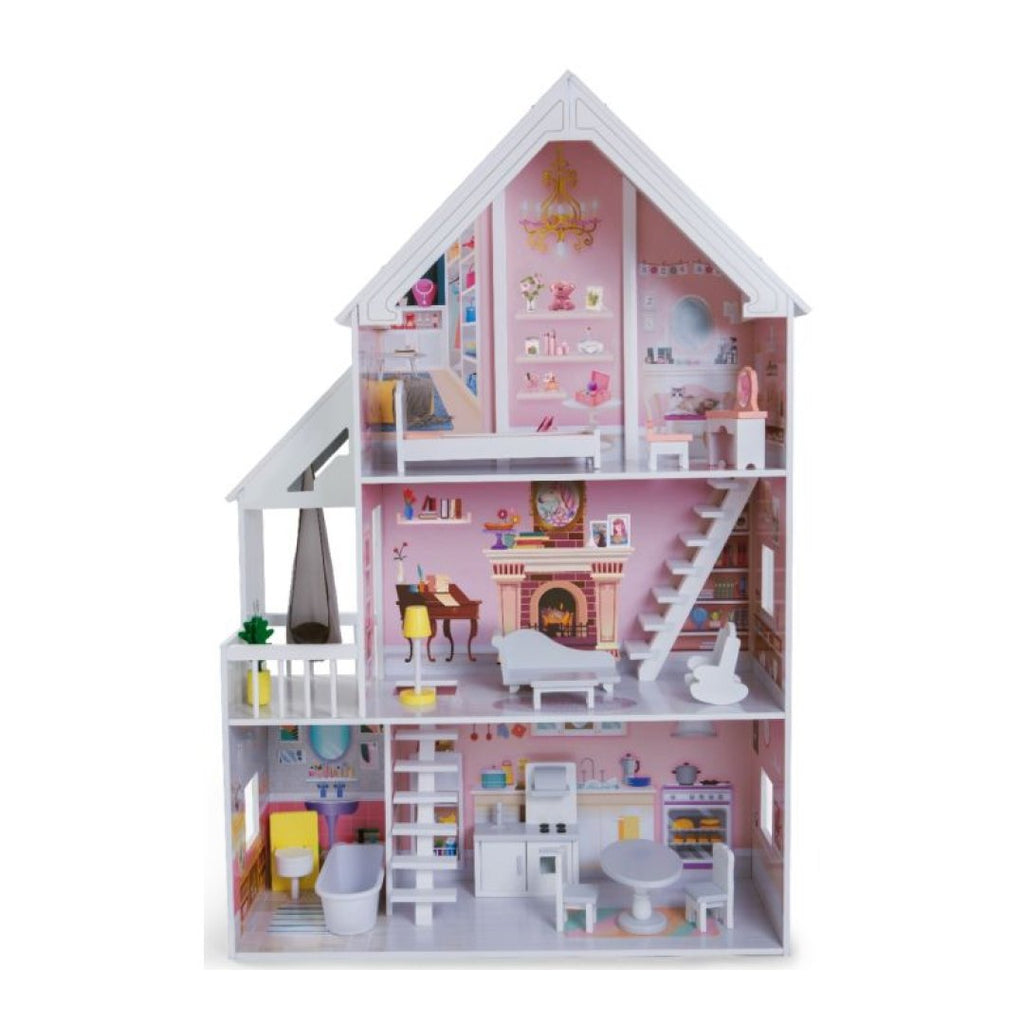 1. Gerardo's Toys wooden dollhouse with LED lights, three floors, and terrace, featuring kitchen, bathroom, living room, and bedroom with printed illustrations