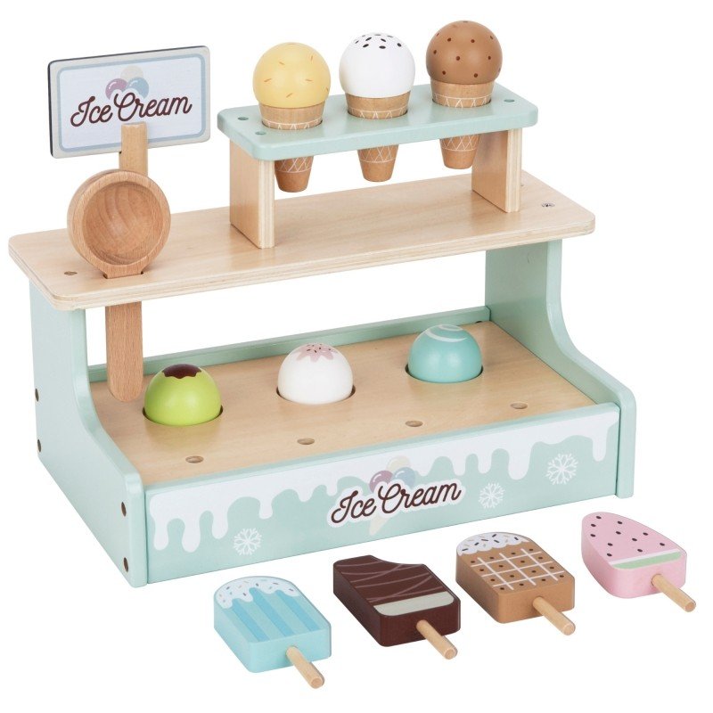 13. Flat lay of Woopie Green ice cream stand with cones, popsicles, and scoops on a white background