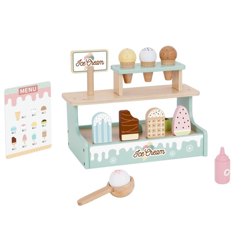 3. Woopie Green ice cream stand with menu card, cones, popsicles, and scoops on a white background