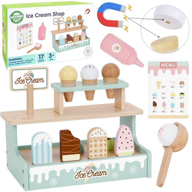 5. Woopie Green ice cream shop set with packaging, magnetic scoops, and menu card on a white background