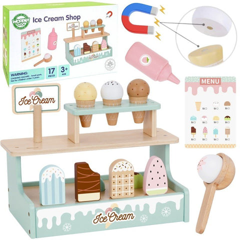 5. Woopie Green ice cream shop set with packaging, magnetic scoops, and menu card on a white background