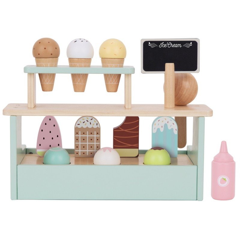 2. Woopie Green wooden ice cream stand with three cones, popsicles, and a chalkboard sign on a white background