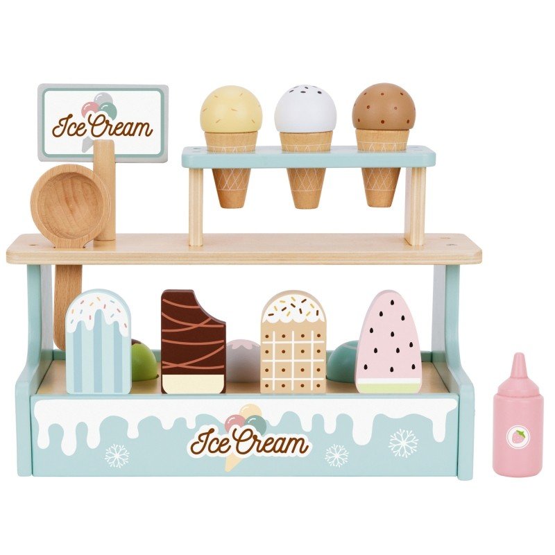 4. Front view of Woopie Green wooden ice cream stand with colorful cones and popsicles on a white background