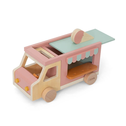 4. Flat lay of Trixie Baby wooden ice cream truck in pink and natural wood, showing top and side details
