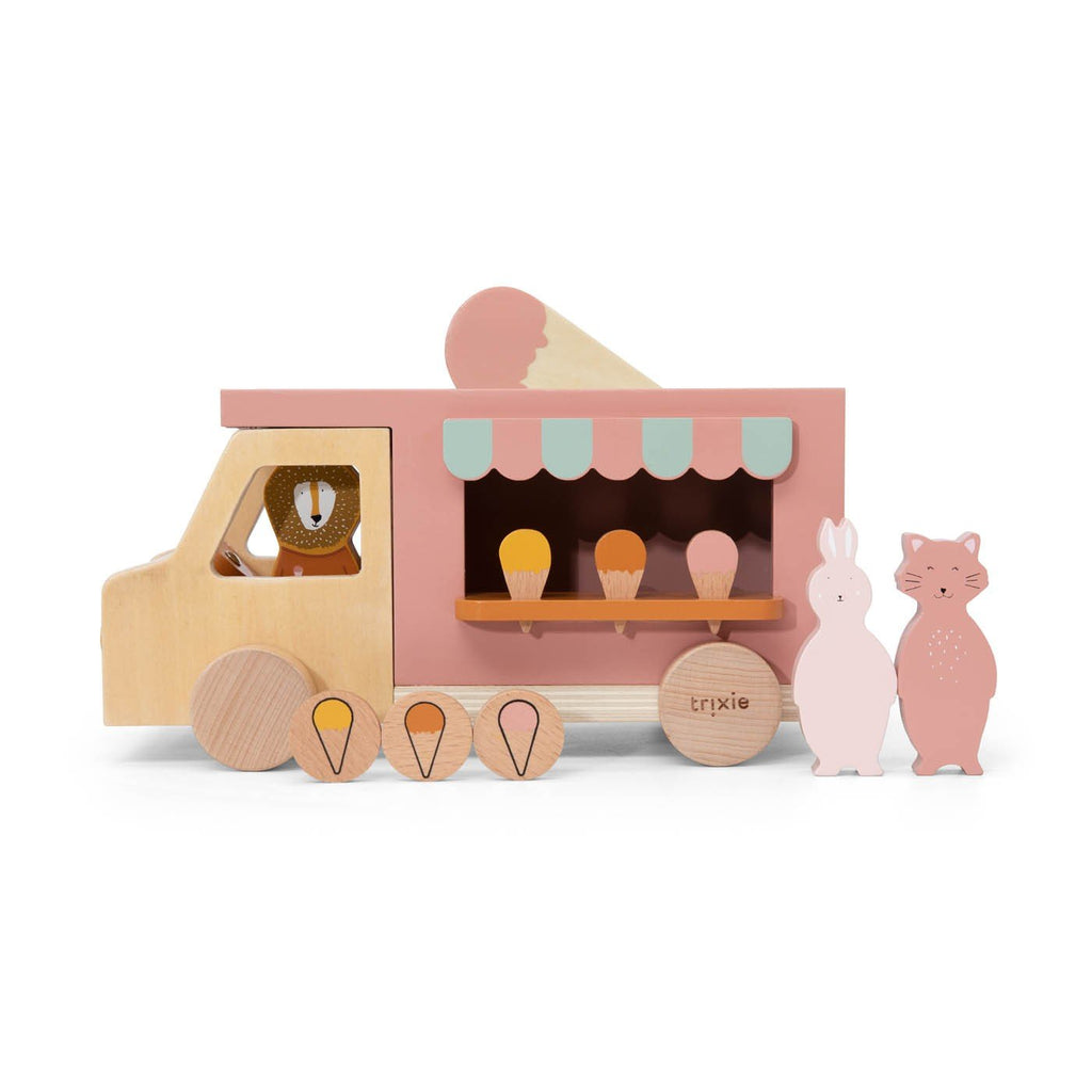5. Trixie Baby wooden ice cream truck with animal figures and ice cream cones, featuring pink and natural wood colors on a white background