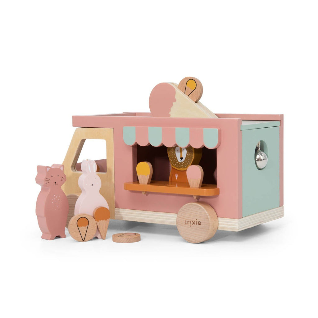 6. Trixie Baby wooden ice cream truck with animal figures and ice cream cones, featuring pink and natural wood colors on a white background