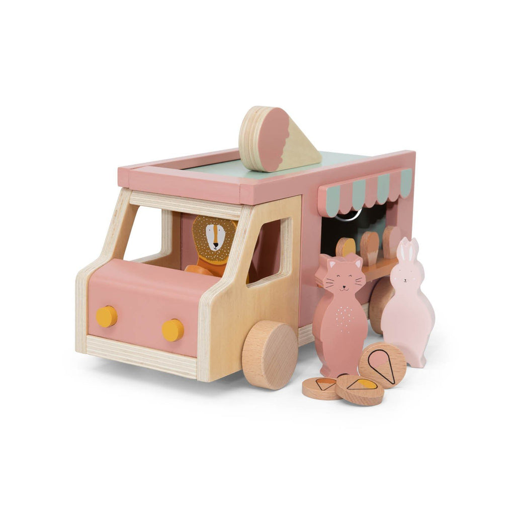 3. Trixie Baby wooden ice cream truck with animal figures and ice cream cones, featuring pink and natural wood colors on a white background