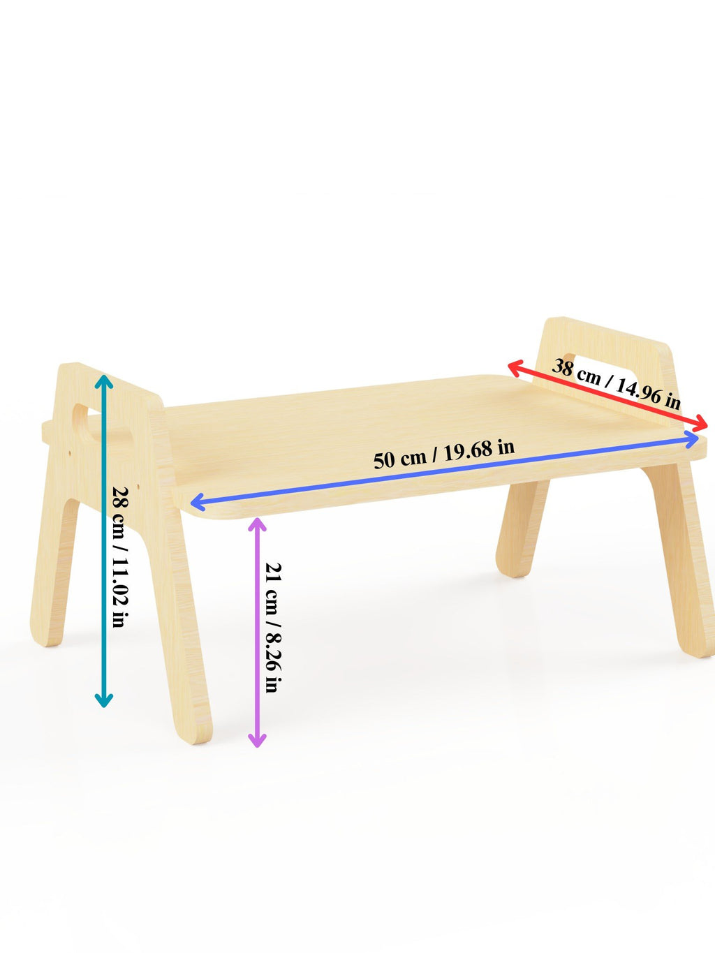 5. Size chart for wooden kids floor table showing dimensions in centimeters and inches