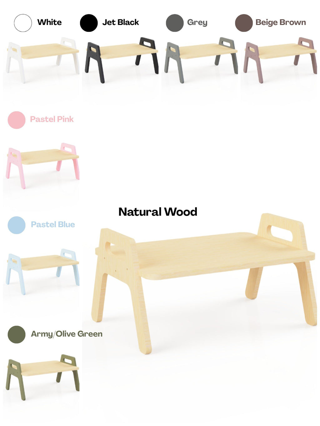 4. Flat lay of wooden kids floor table in natural wood with color options including white, black, grey, brown, pink, blue, and green