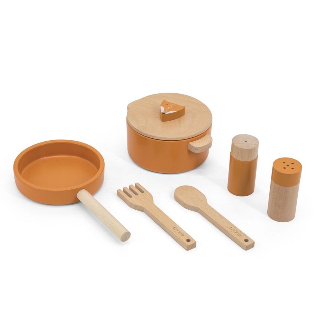 2. Trixie Baby Wooden Kitchen Set with orange pot, pan, salt and pepper shakers, spoon, and fork on white background