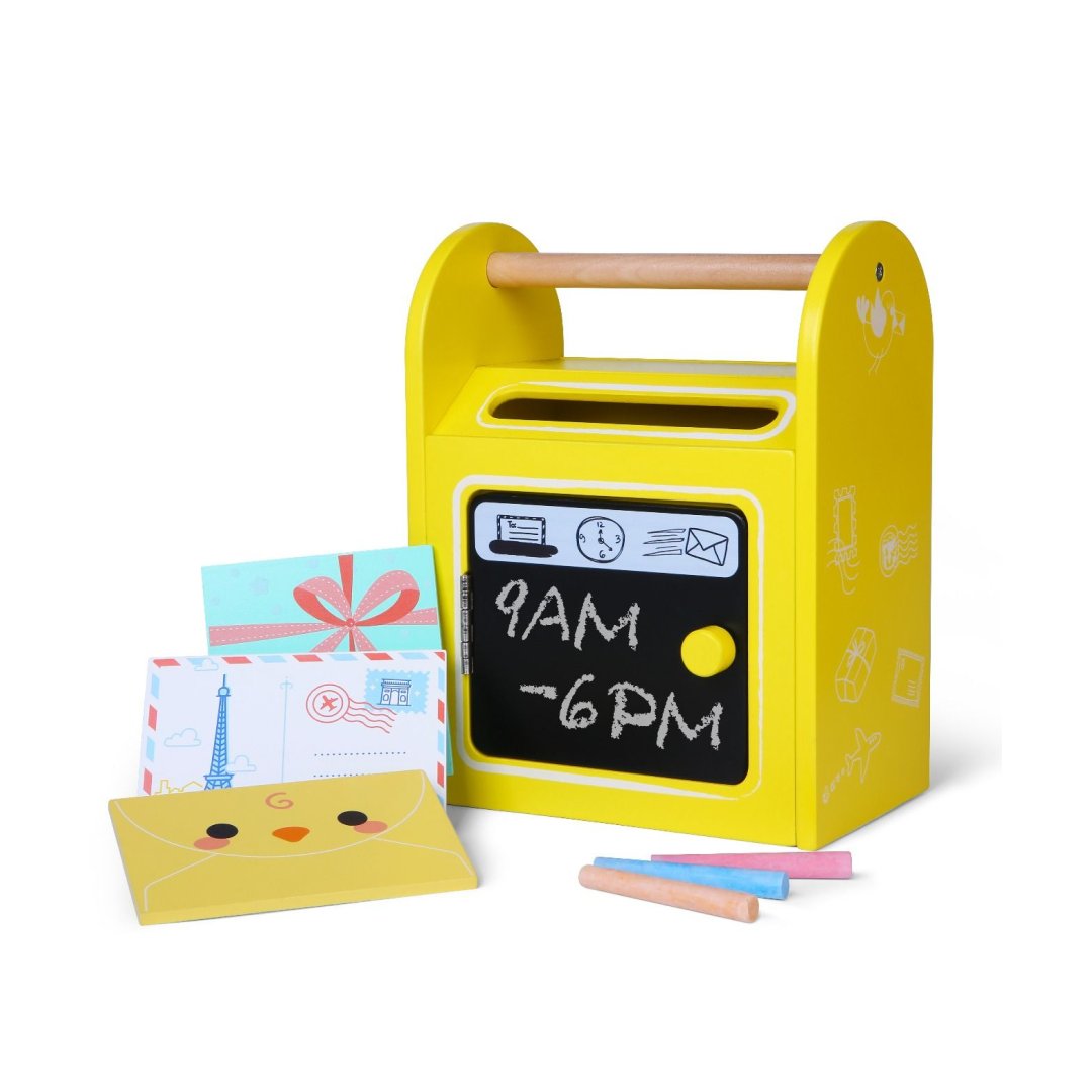1. Yellow wooden mailbox with chalkboard front, colorful letters, and chalks from Gerardo's Toys