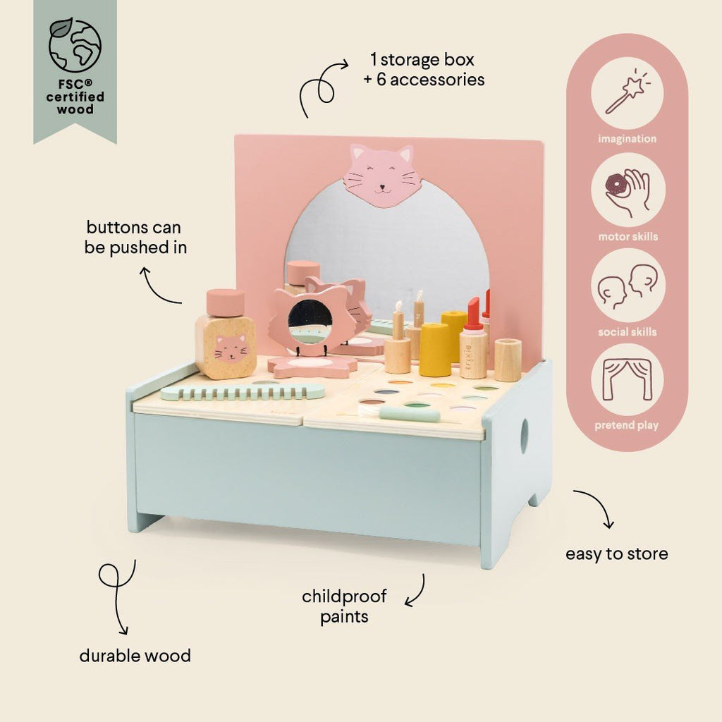 5. Trixie Baby Wooden Make-Up Table infographic highlighting features like childproof paints and storage on a white background