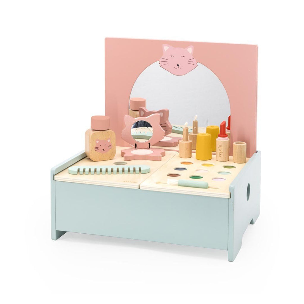 6. Trixie Baby Wooden Make-Up Table with mirror and colorful accessories arranged neatly on a white background