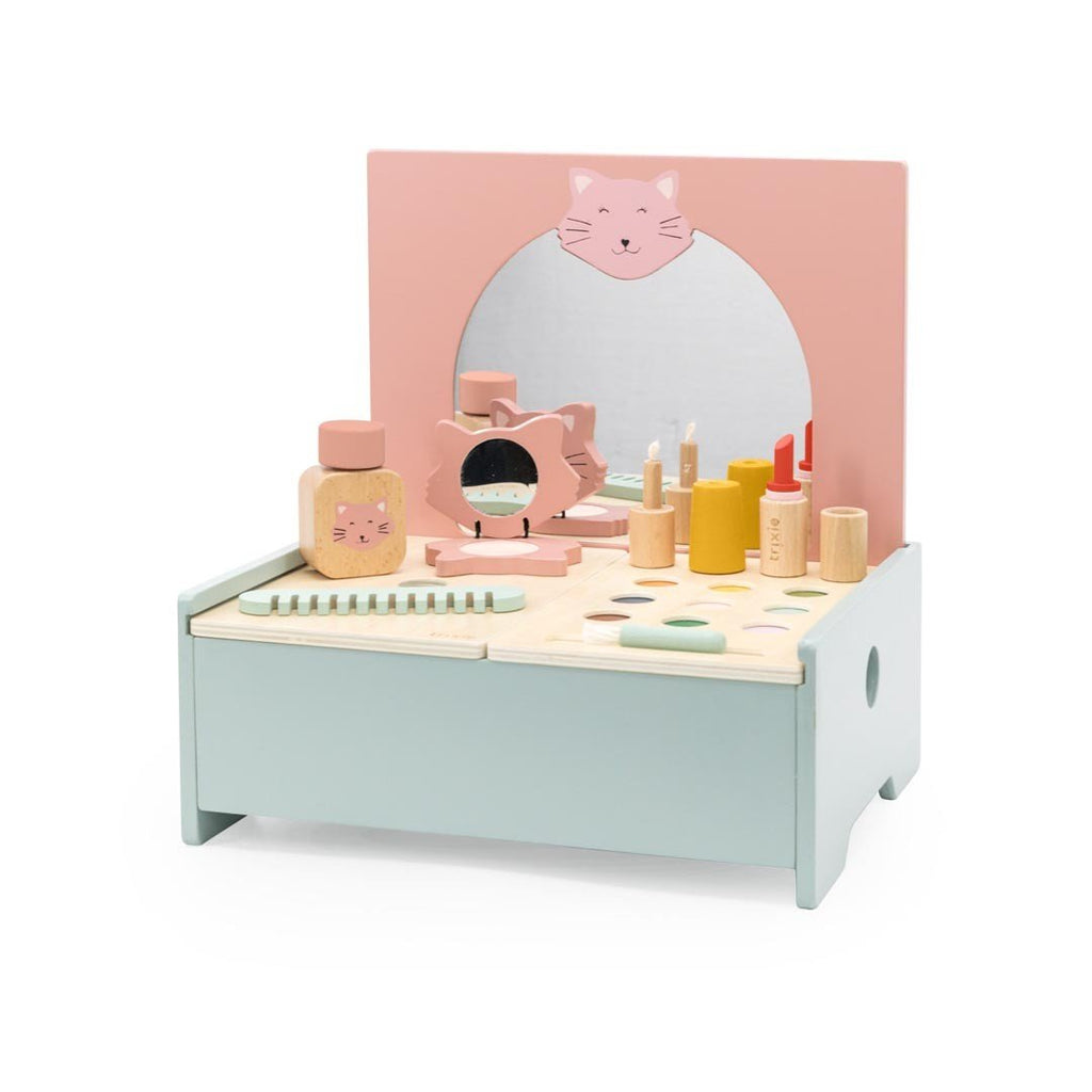 7. Trixie Baby Wooden Make-Up Table with mirror and various make-up accessories on a white background