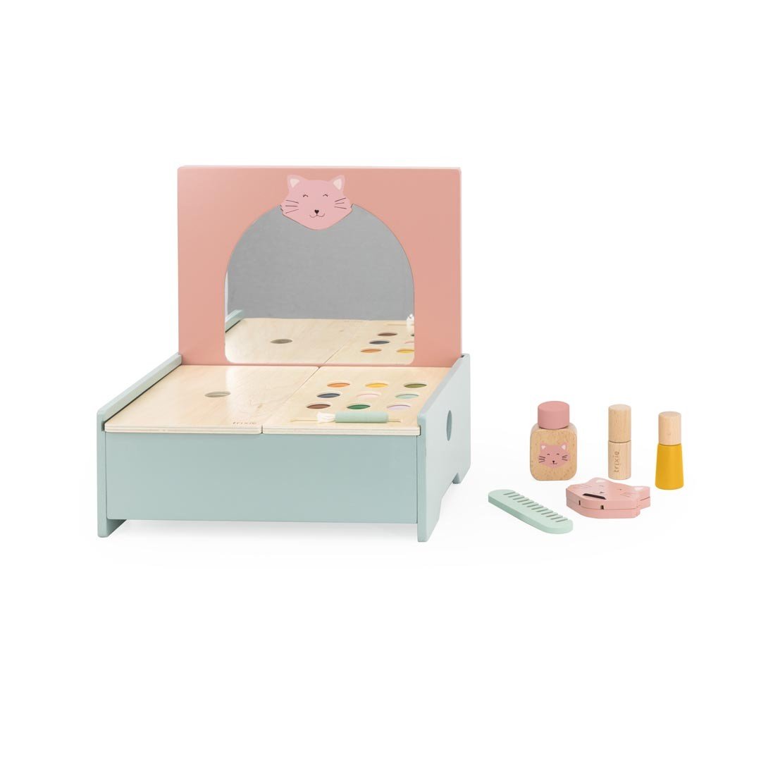 3. Trixie Baby Wooden Make-Up Table with closed compartments and accessories displayed separately on a white background