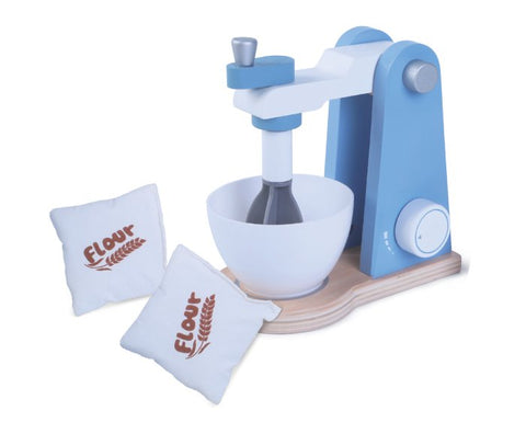 1. Wooden mixer set with blue and white mixer, white bowl, and two flour bags on black background