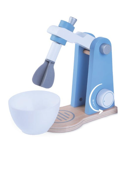 2. Side view of blue and white wooden mixer with detachable bowl on black background
