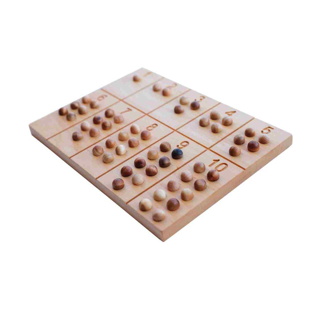 1. Wooden Montessori number board with wooden balls arranged in counting order from 1 to 10
