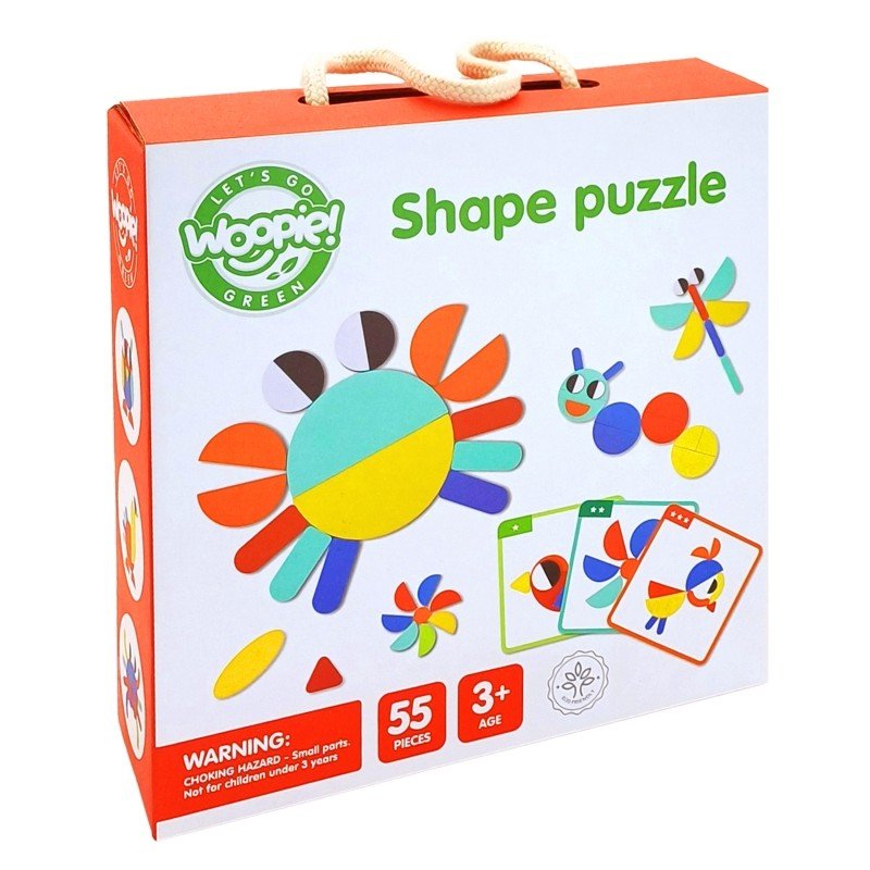 12. Woopie Let's Go Green shape puzzle box with colorful design and 55 pieces label