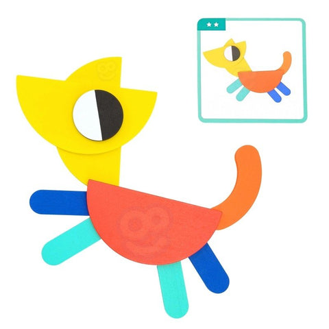 4. Cat shape created with yellow, red, and blue wooden blocks and matching card
