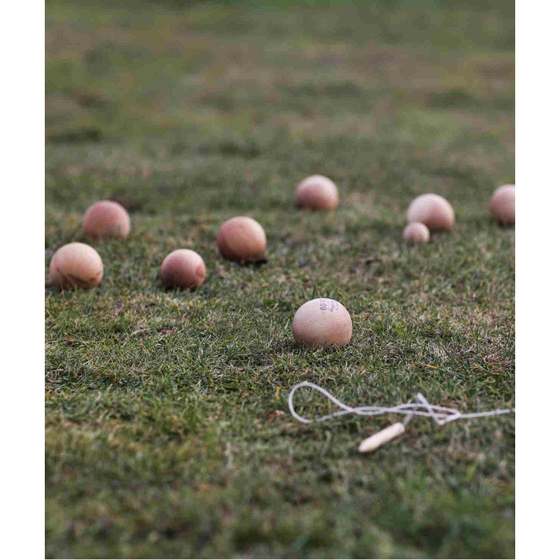 1. Wooden pétanque balls scattered on grass, showcasing outdoor play setting for Wooden Story's game