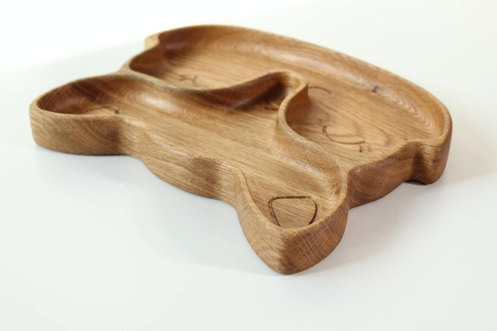 6. Side angle of wooden fox-shaped plate with two sectors, highlighting thickness and smooth finish on white background