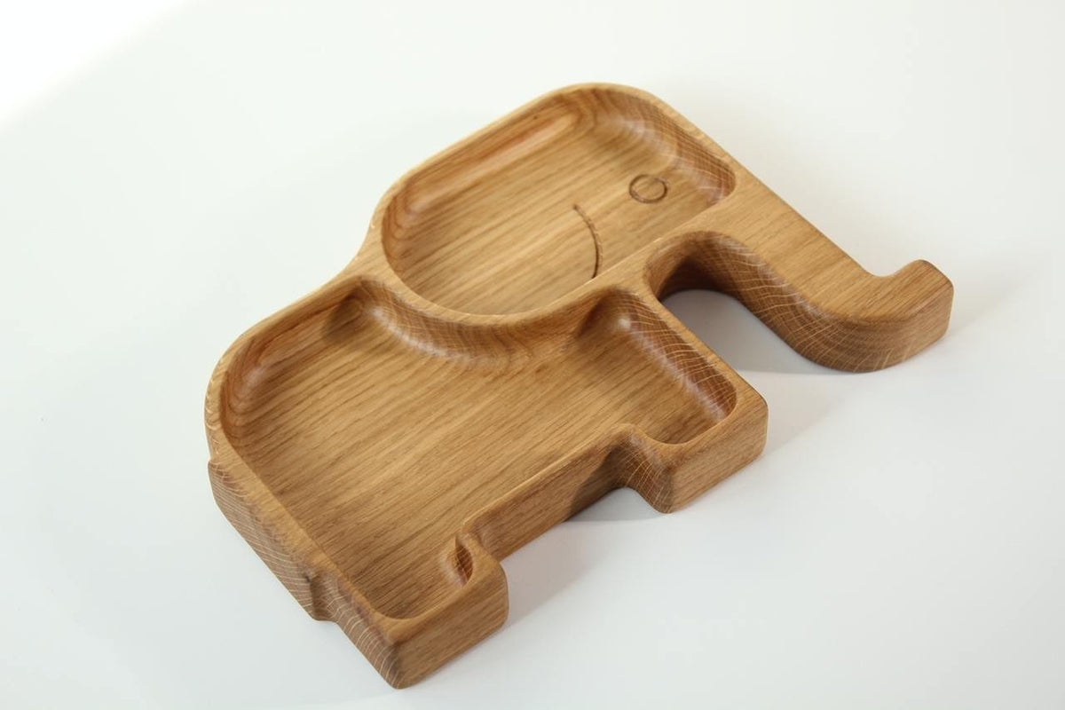 1. Handmade wooden elephant-shaped kids plate with two sectors, crafted from oak or ash, shown on a white background