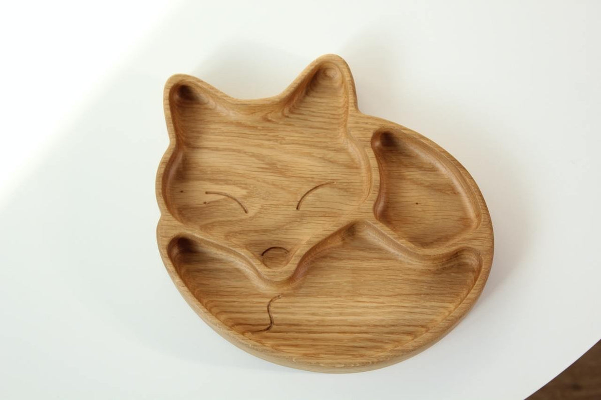 1. Handmade wooden fox-shaped plate with three compartments on a white background, made from natural oak or ash wood, by MD.A Wood Design