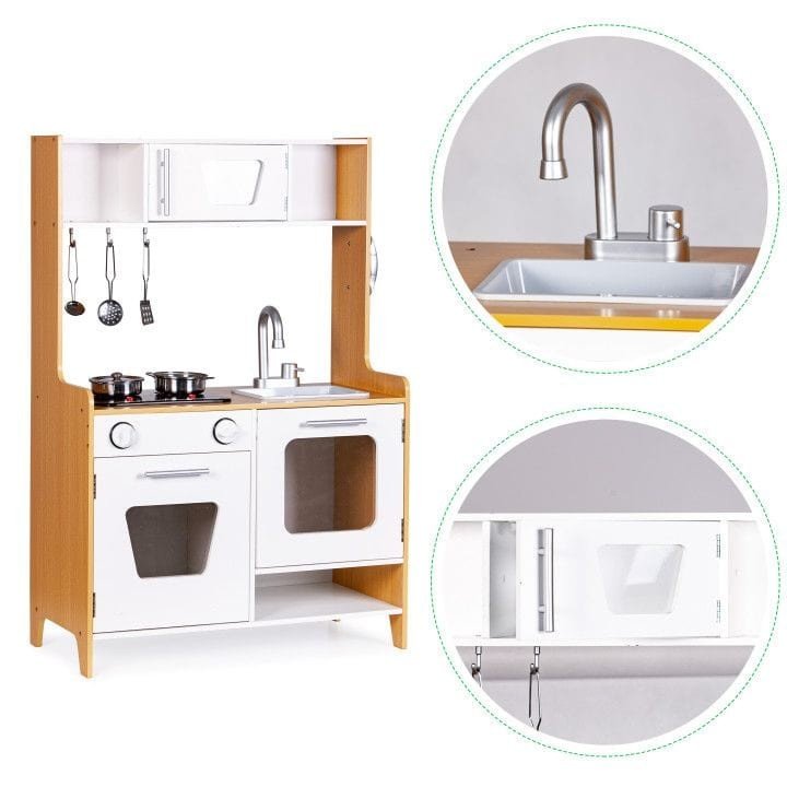 3. Close-up of wooden play kitchen showing sink faucet and upper cabinet details, natural wood and white finish