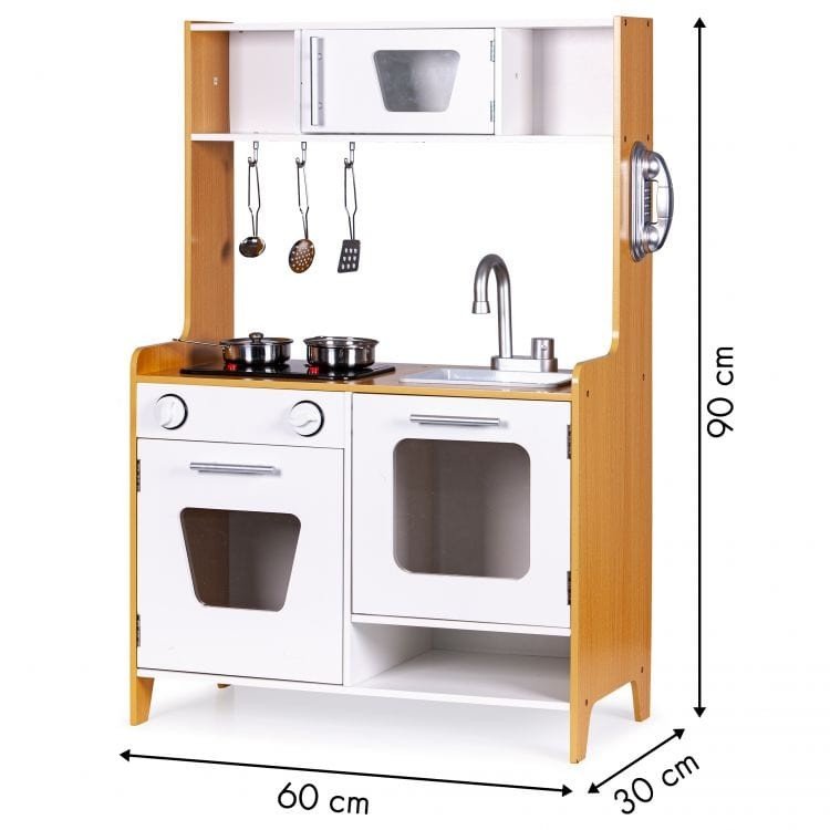 4. Wooden play kitchen with multimedia burners, dimensions 90x60x30 cm, featuring sink, oven, and hanging utensils