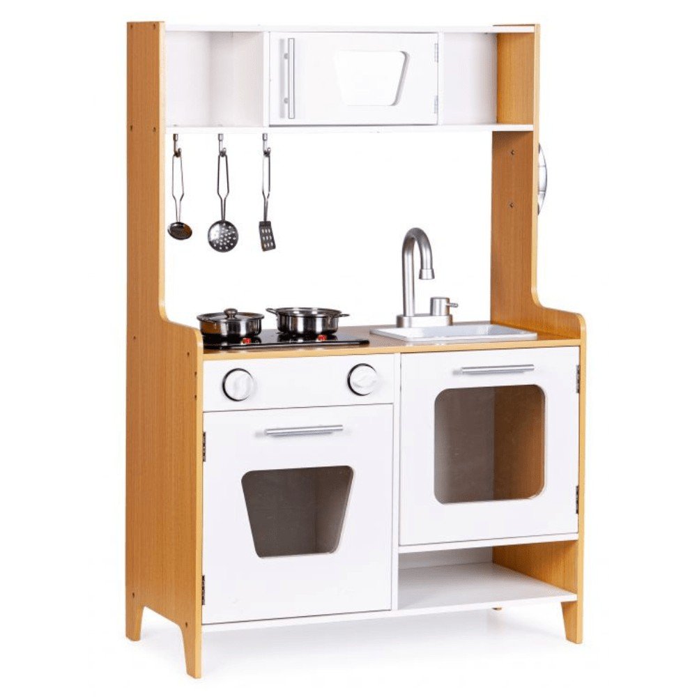 8. Wooden play kitchen with multimedia burners, featuring sink, oven, and hanging utensils, natural wood and white design