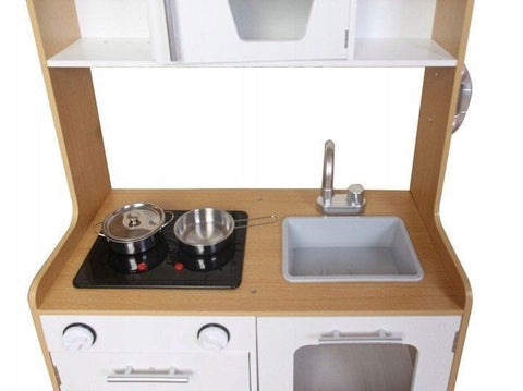 5. Top view of wooden play kitchen showing multimedia burners, sink, and oven, natural wood and white design