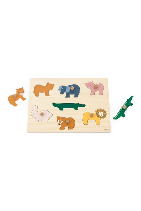 2. Trixie Baby Animals wooden puzzle with seven colorful animal pieces on a white background