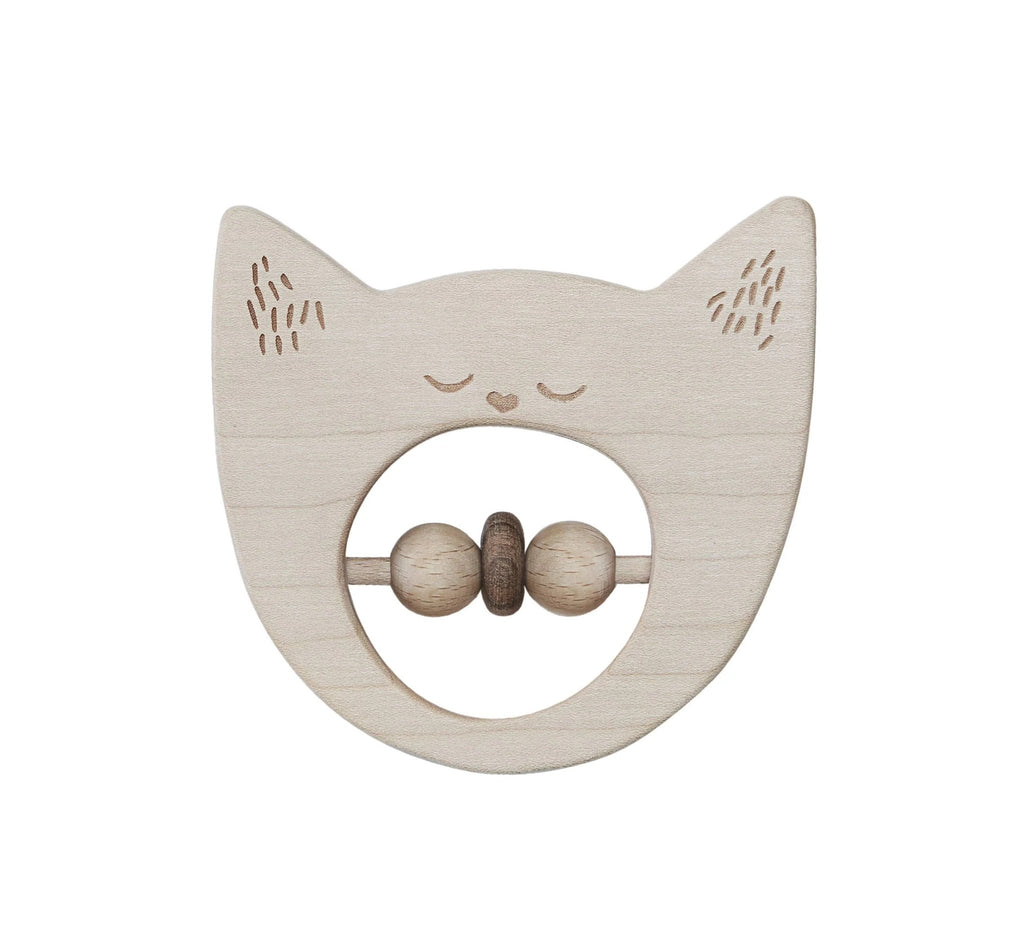 1. Wooden cat-shaped rattle and teether by Wooden Story, made from natural wood with ergonomic design, featuring two wooden beads for gum massage, shown on a white background.