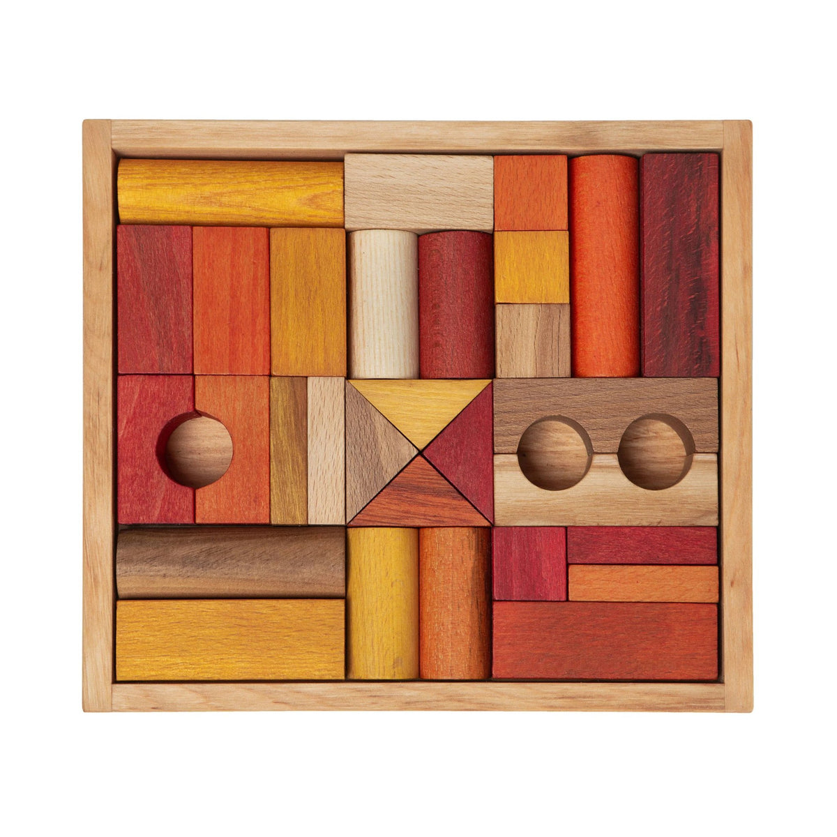 2. Wooden Story warm-colored wooden blocks arranged in a wooden box, featuring shades of red, orange, and yellow, on a white background