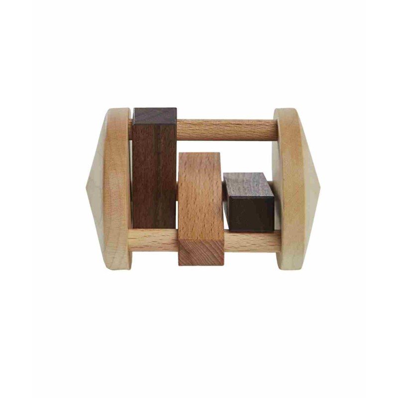 2. Studio shot of Fieldfare wooden rattle by Wooden Story, showcasing three types of wood with smooth finish