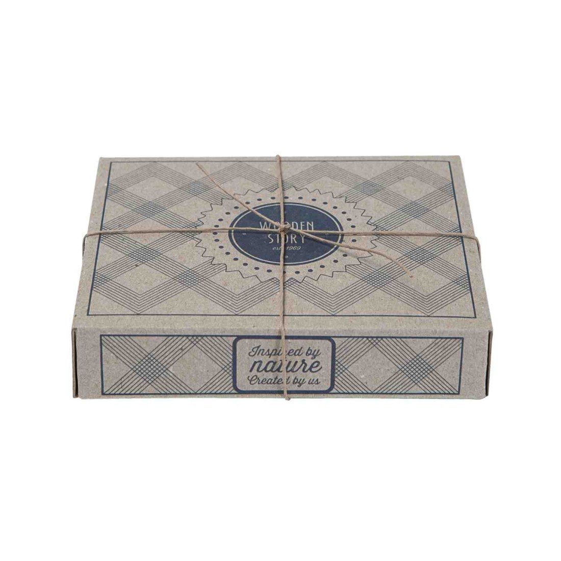 2. Eco-friendly packaging for Wooden Story rattle, featuring a decorative box with twine, showcasing brand logo and nature-inspired design