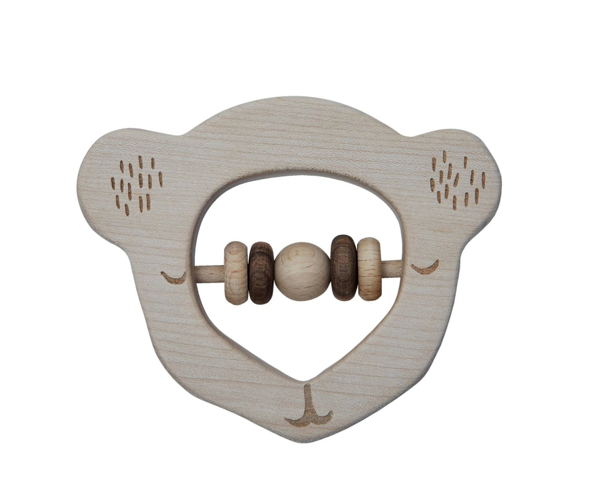 1. Wooden koala-shaped rattle and teether with ergonomic design, featuring natural wood finish and bead details, ideal for babies